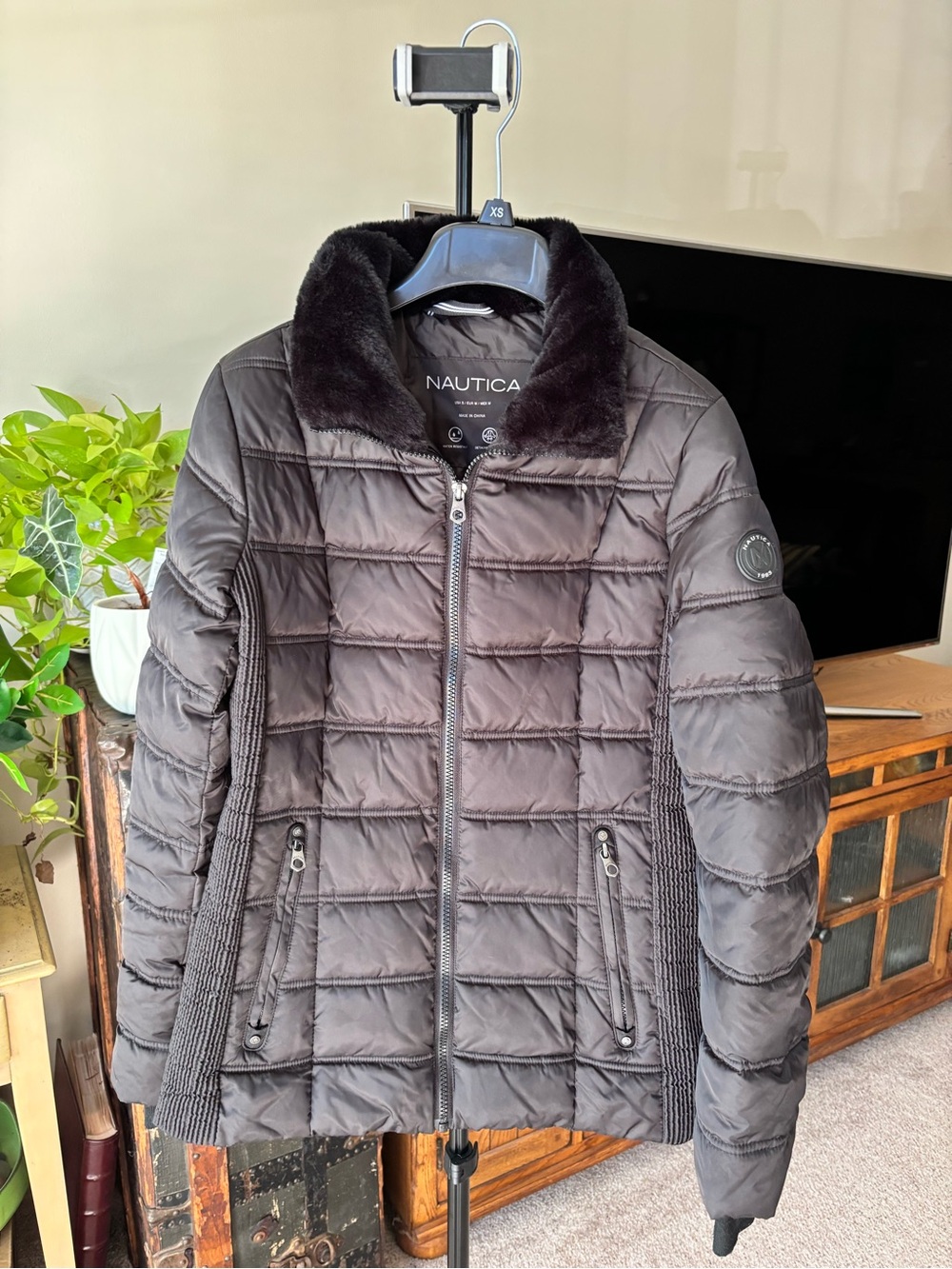 Nautica Women's black Quilted Puffer Jacket with Faux Fur Collar